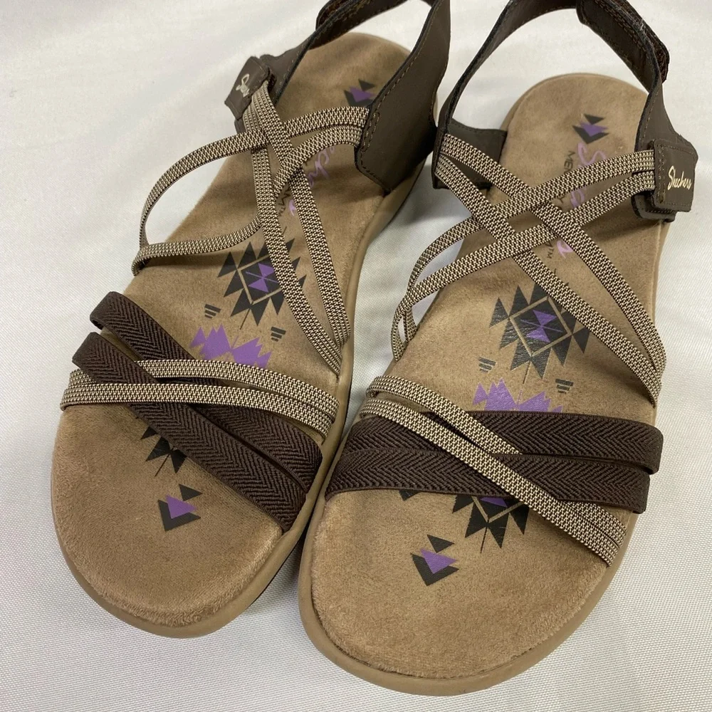 Skechers Women's Reggae Slim Summer Getaway Brown Tan Strappy Sandals Size 6 - Picture 1 of 9